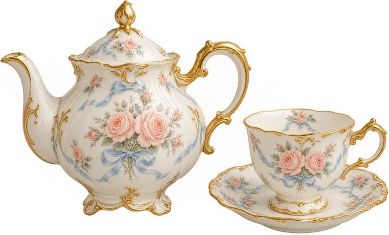 Tetera y taza de porcelana con rosas
